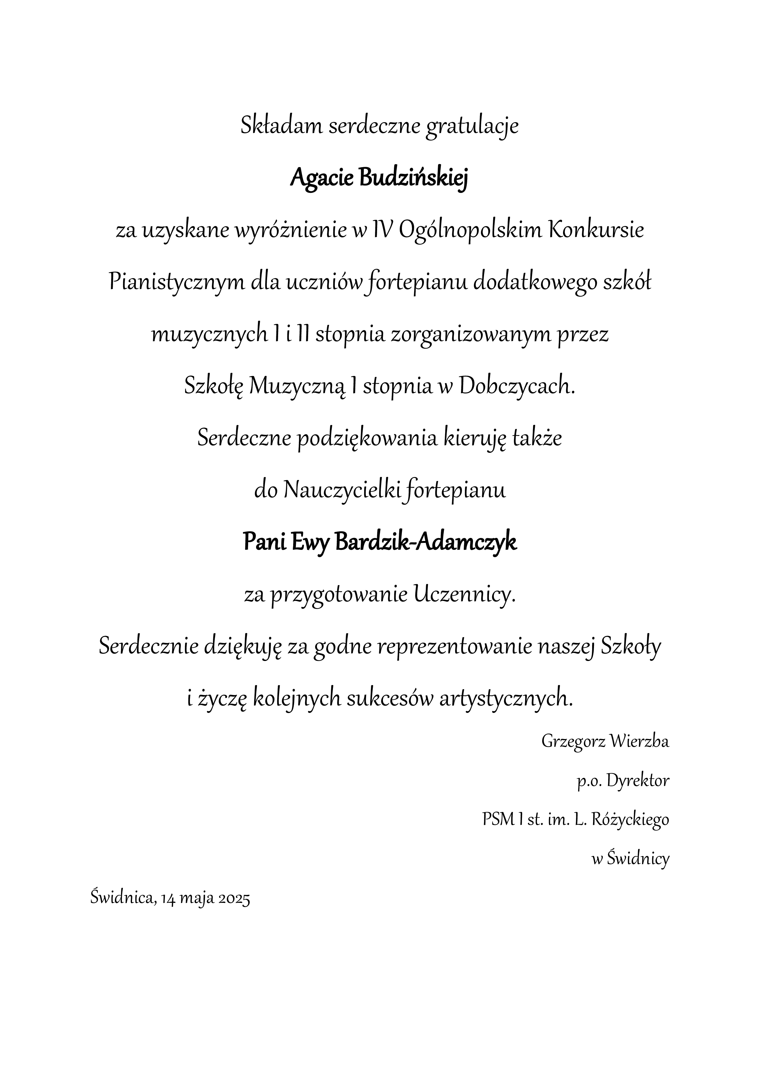 Podziekowania napisane czarną ozdobną czcionką na białym tle.