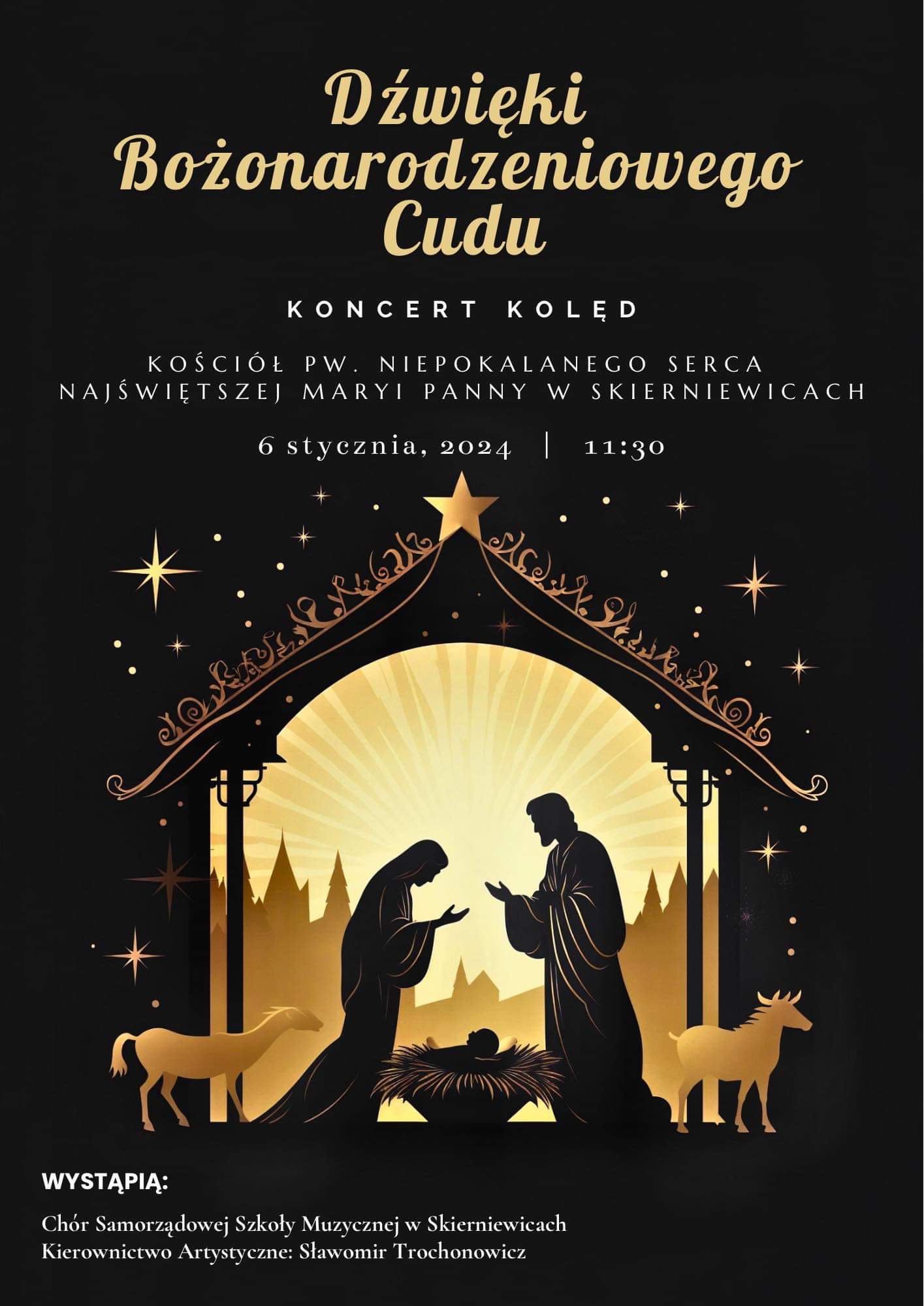 Plakat na czarnym tle przedstawiający stajenkę i postaci Maryi i Józefa z dzieciątkiem Jezus.