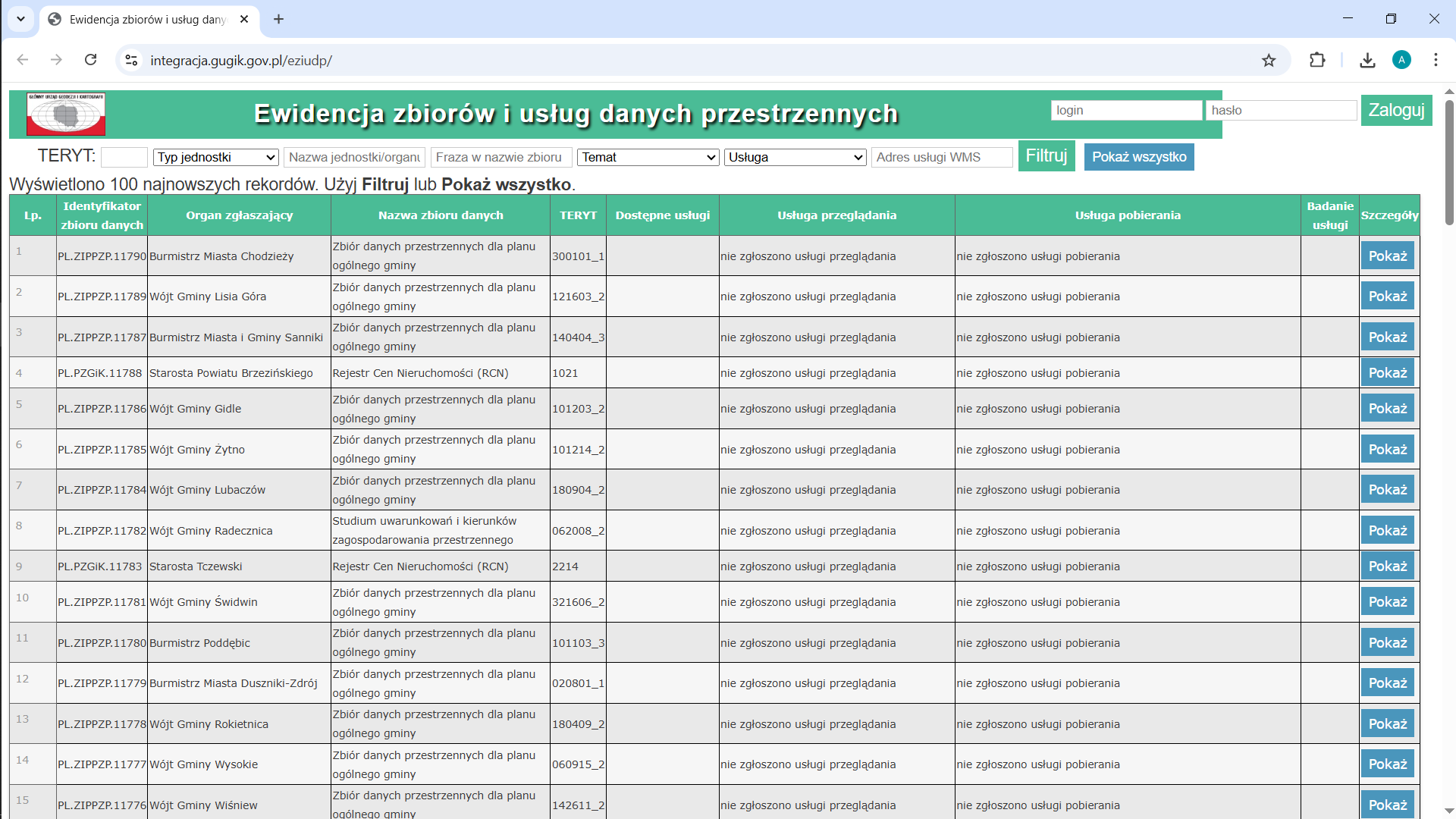 zrzut prezentujący ewidencję zbiorów i danych usług przestrzennych https://integracja.gugik.gov.pl/eziudp/