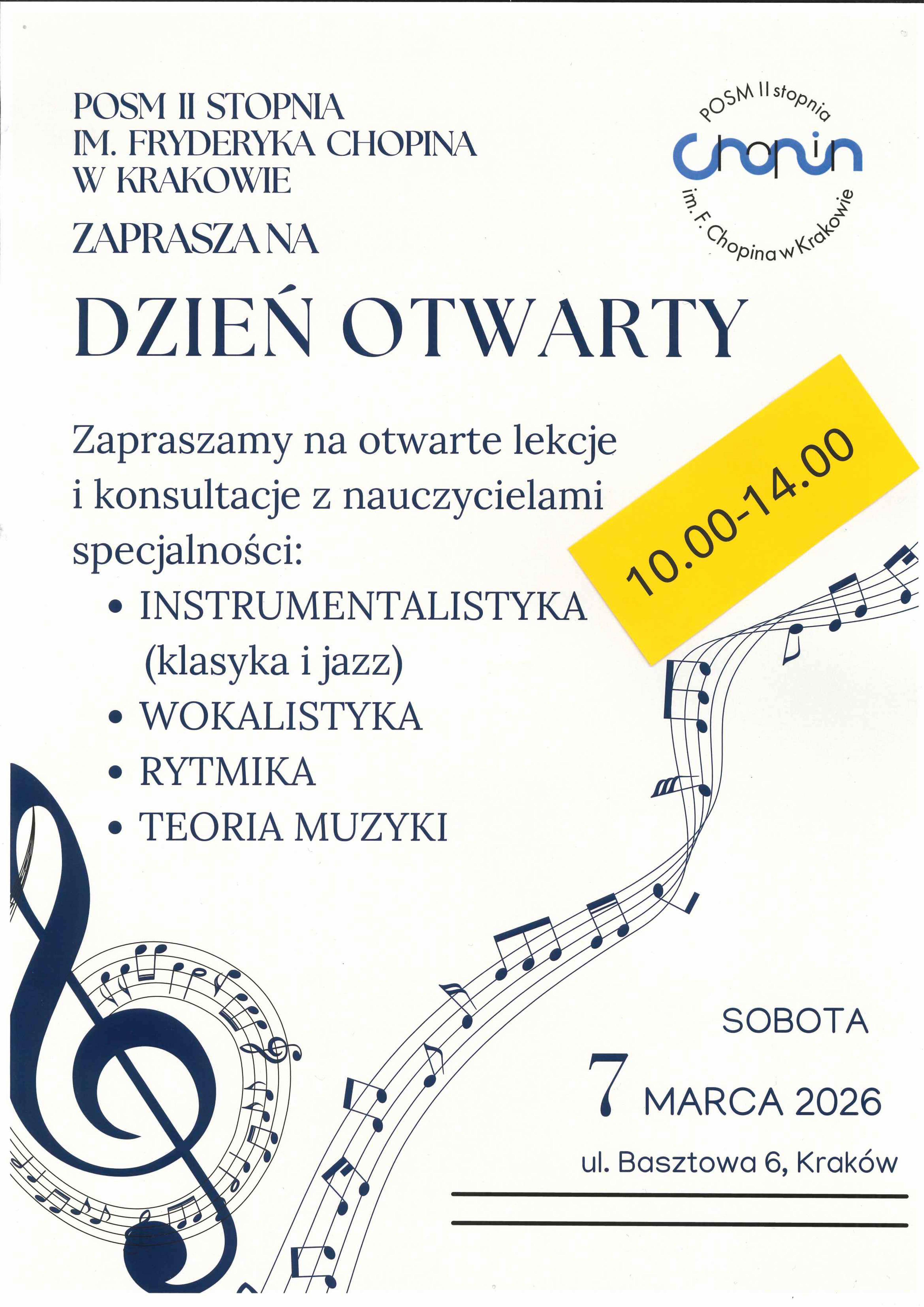 Plakat, jasne tło, grafika pięciolinii z nutami; tekst: Dzień otwarty, zapraszamy na otwarte lekcje, sobota, 7 marca 2026 r.