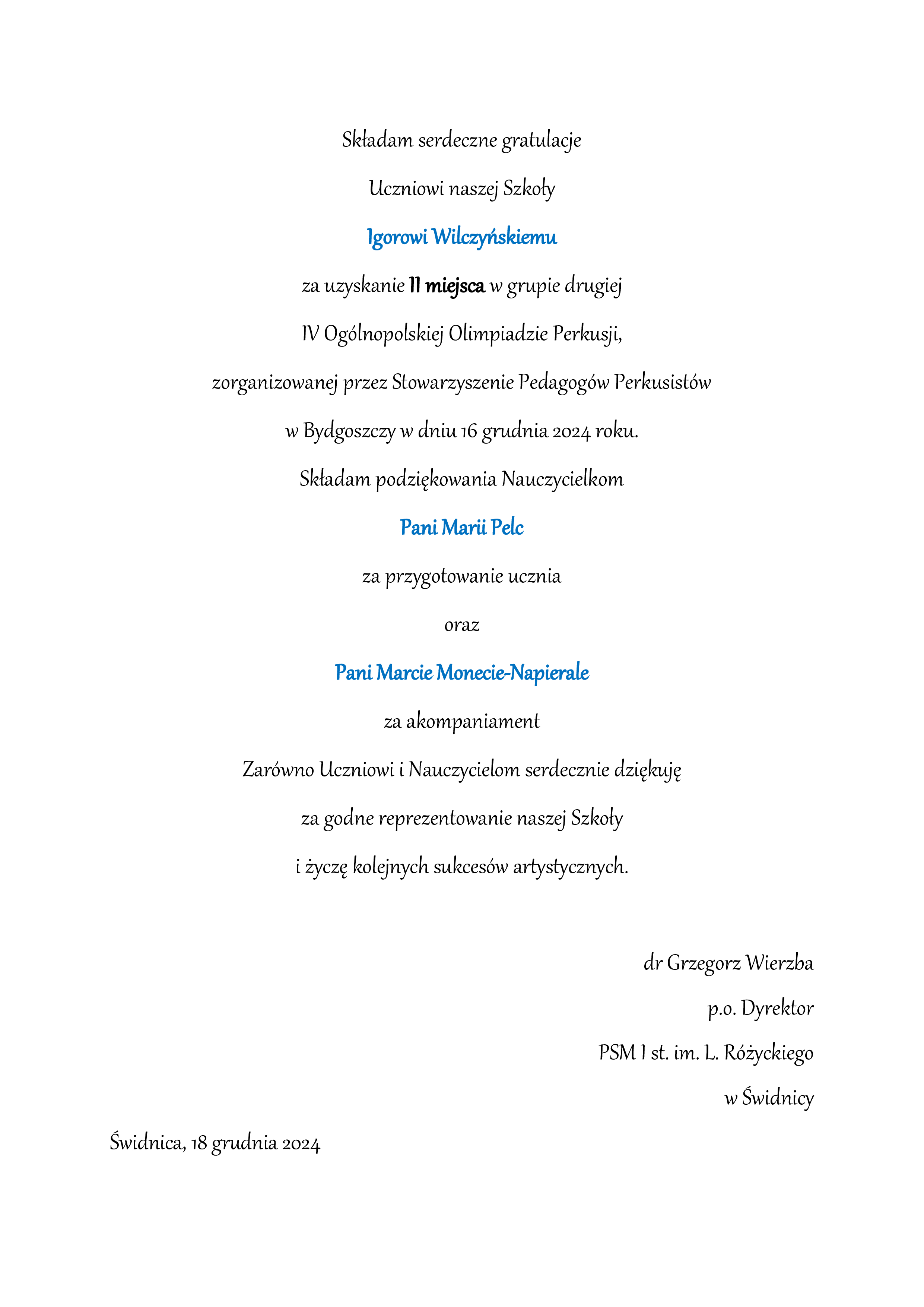 Podzieńkowania pisane na białej kartce . Czcionka ozdobna.