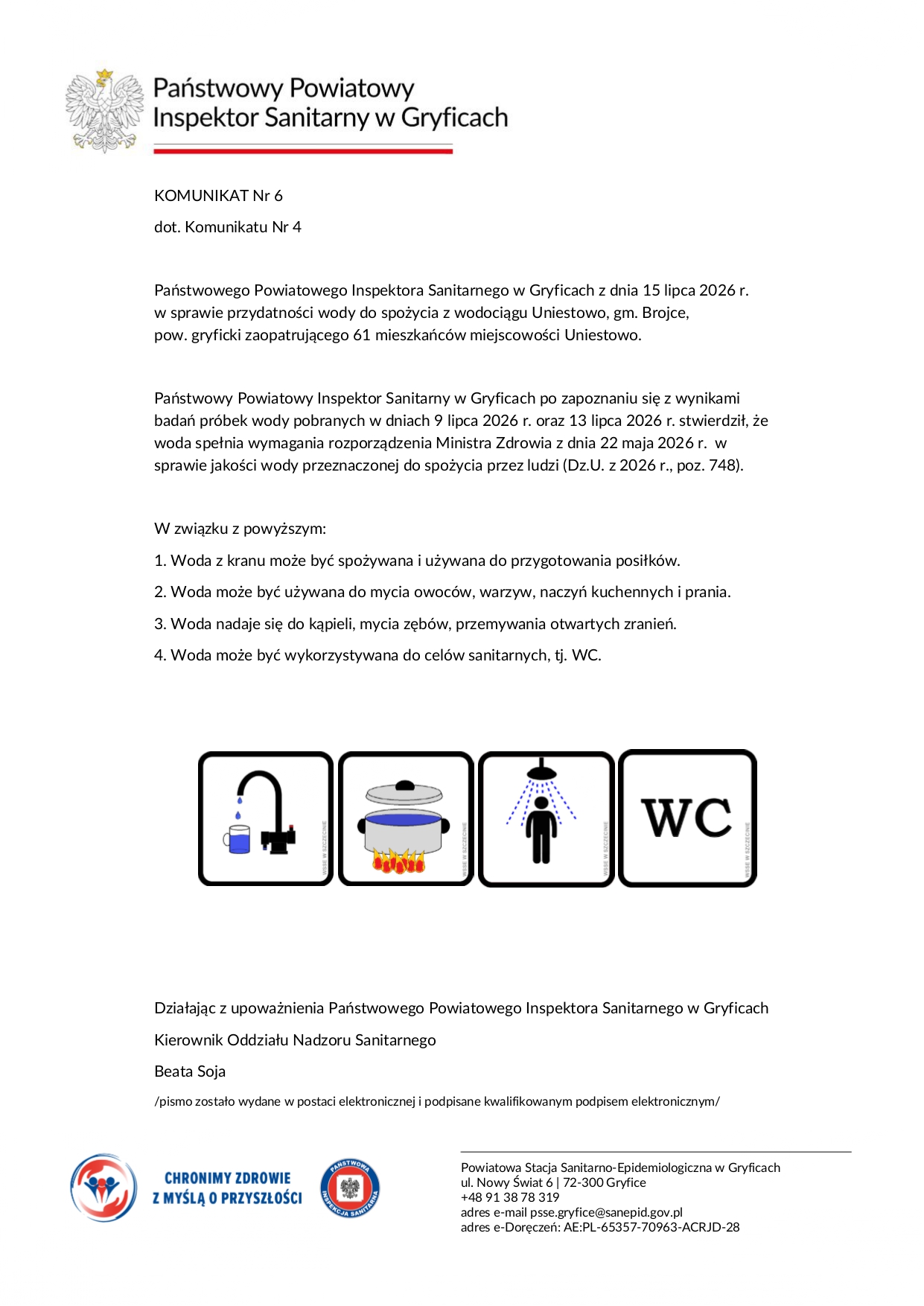 Komunikat PPIS w Gryficach informujący o przydatności do spożycia wody z wodociągu Uniestowo. Woda spełnia wymagania jakościowe i może być wykorzystywana do picia, przygotowywania posiłków, higieny osobistej oraz celów sanitarnych