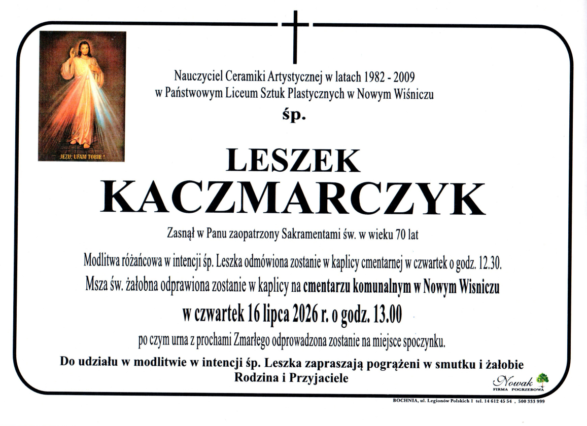Klepsydra informująca o śmierci Leszka Kaczmarczyka