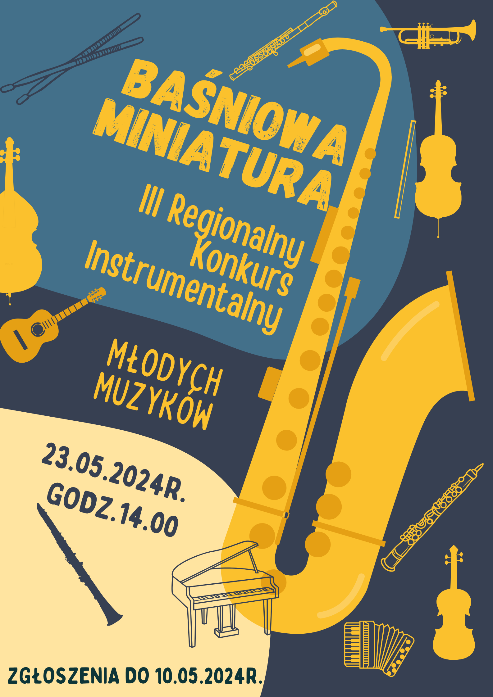 plakat zawiera trzy kolory tła (niebieski jasny, ciemnoniebieski, jasno-brązowy), rozrzucone instrumenty muzyczne, w części środkowej oraz dolnej informacje dotyczące daty, godziny konkursu, datę zgłoszenia