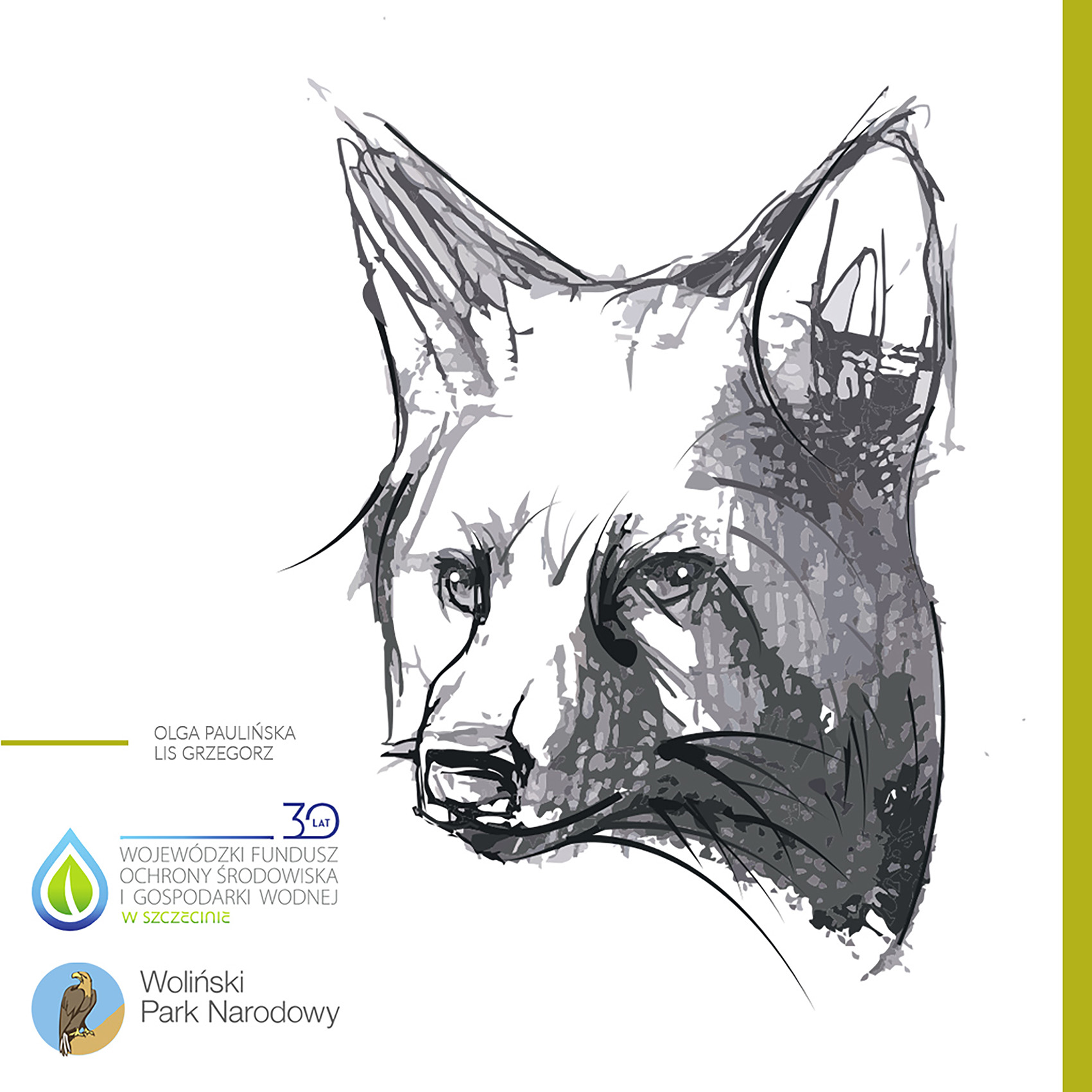 Grafika przedstawia z prawej strony czarno biały szkic głowy lisa. W lewym dolnym rogu grafiki znajdują się logotypy Wolańskiego Parku Narodowego, Wojewódzkiego Funduszu Ochrony Środowiska I Gospodarki Wodnej oraz imię i nazwisko autora wraz z tytułem pracy: Olga Paulińska, Lis Grzegorz