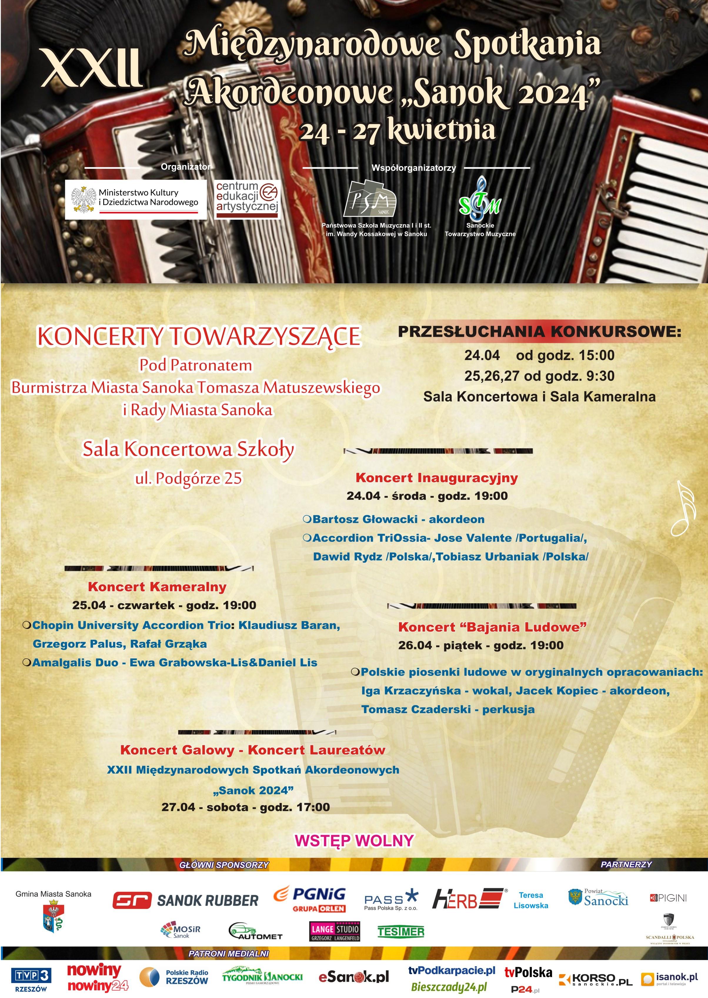 Plakat XXII Międzynarodowe Spotkania Akordeonowe Sanok 2024. W nagłówku akordeon, na środku opisy koncertów, w tle brązowy akordeon. Stopka Sponsorzy konkursu