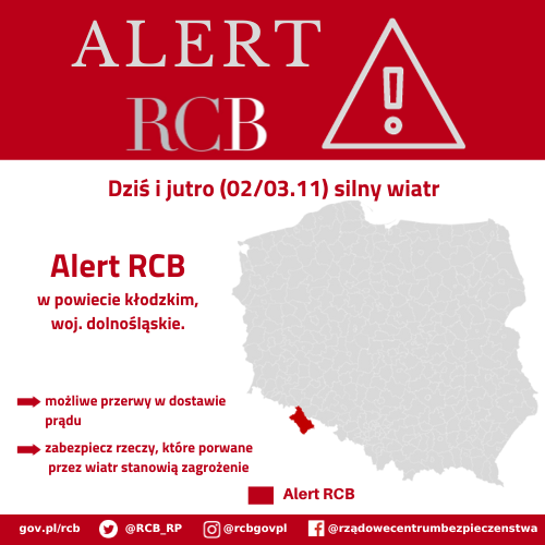 Alert RCB, silny wiatr, woj. dolnośląskie.