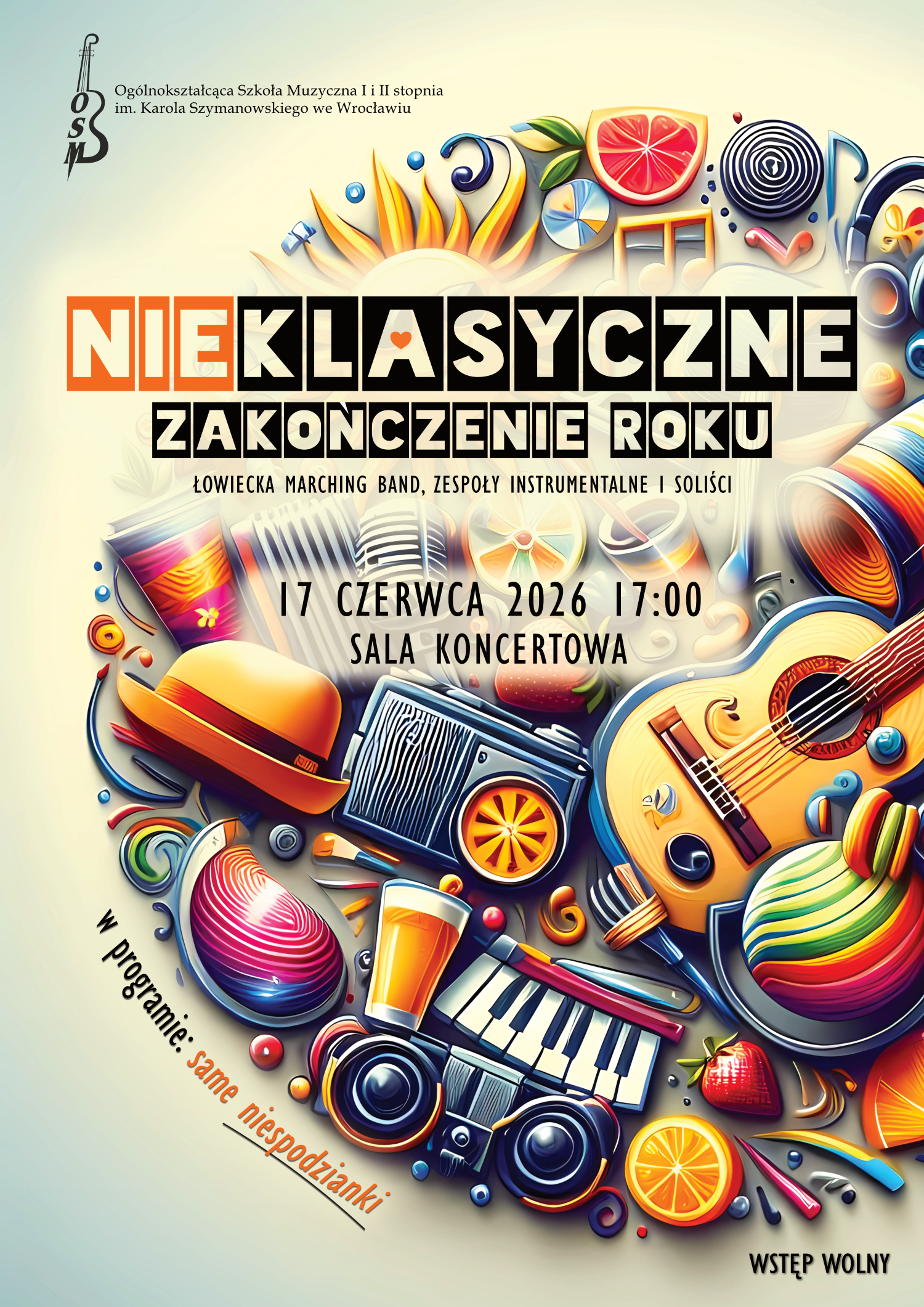 kolorowy plakat zapowiadający koncert. Zawiera logo szkoły, datę i miejsce koncertu oraz kolorowe grafiki instrumentów perkusyjnych