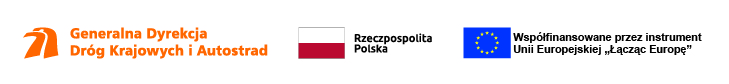 Zestawienie logotypów programu Łącząc Europę, od lewej logo GDDKiA, flaga Rzeczpospolitej Polskiej, logotyp instrumentu Unii Europejskiej Łącząc Europę 