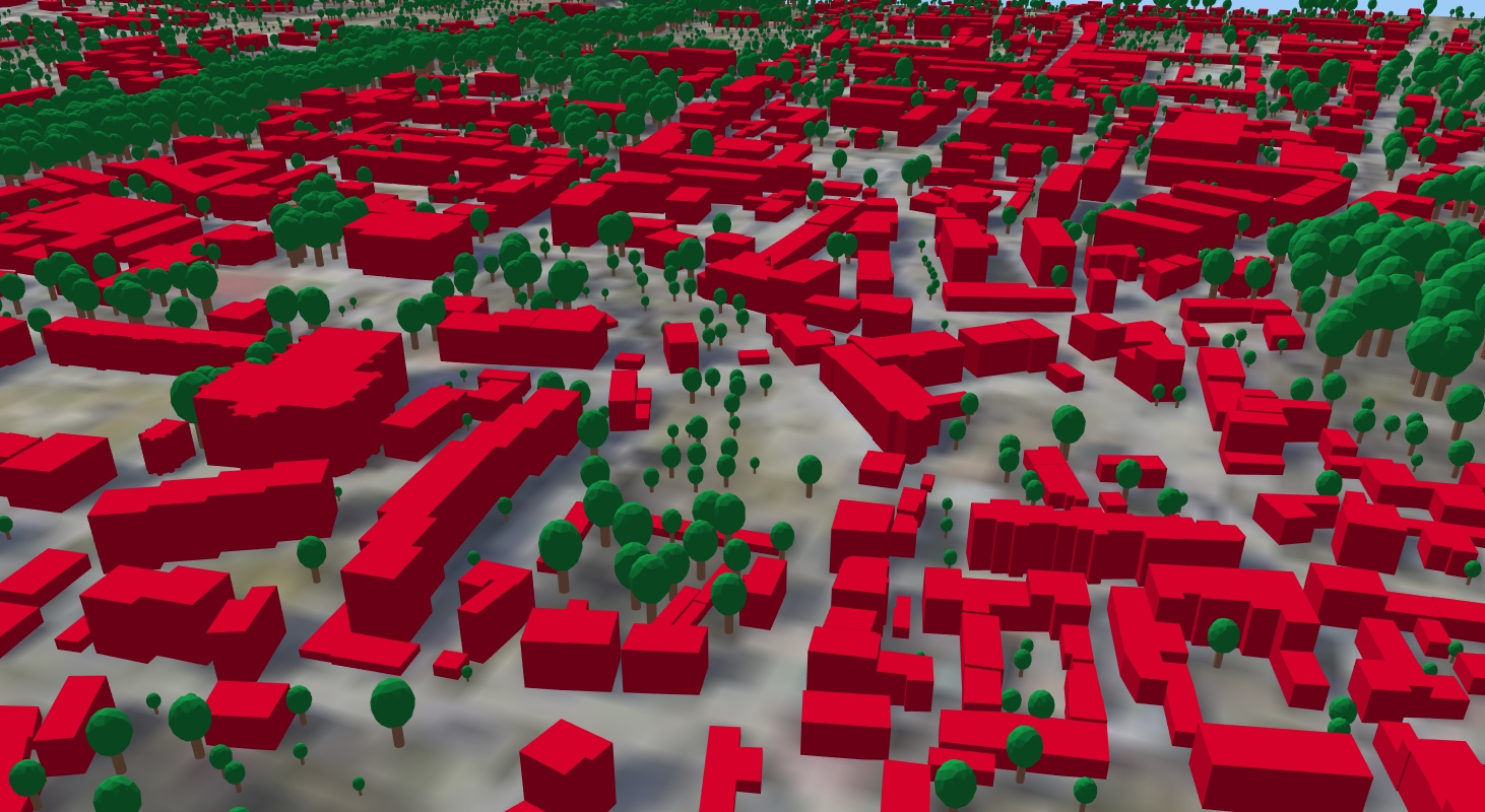 zrzut przedstawia wygenerowane modele 3D drzew wraz z modelami 3D budynków dla powiatu głubczyckiego