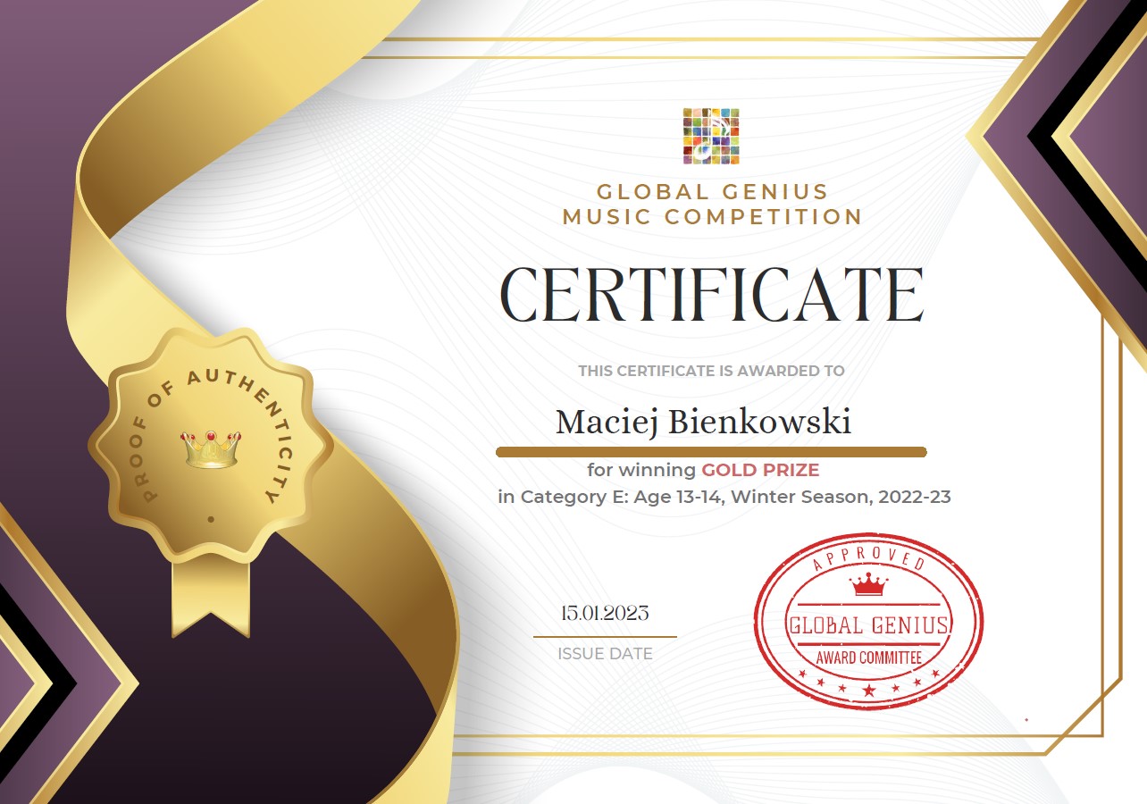 Maciej Bienkowski Global Genius Music Competition Gold Prize