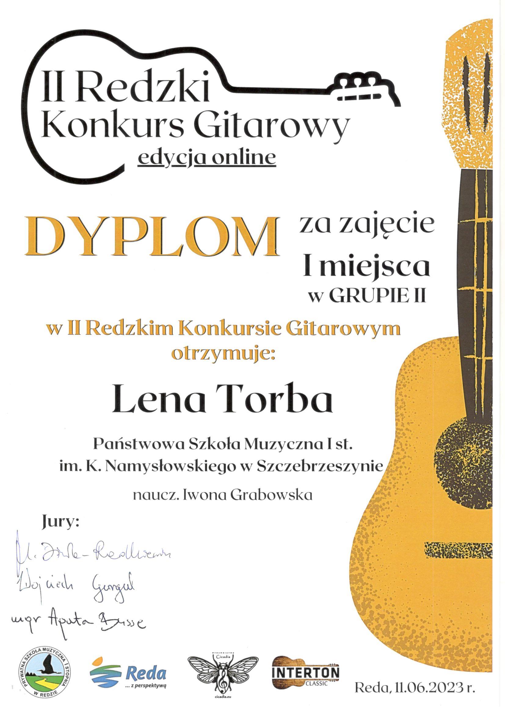 II Redzki Konkurs Gitarowy edycja online Dyplom za zajęcie I miejsca w grupie II otrzymuje Lena torba Państwowa Szkoła Muzyczna I st. im. K. Namysłowskiego w Szczebrzeszynie naucz. Iwona Grabowska Jury - podpisy po lewej stronie Reda 11.06.2023 r. Po prawej stronie rysunek gitary