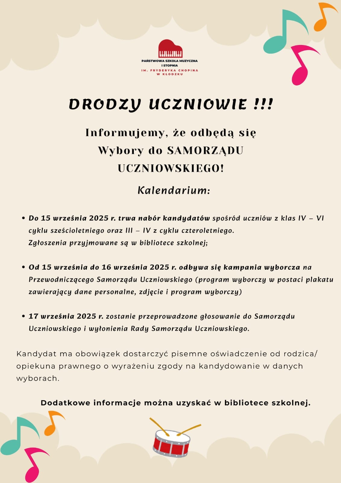Plakat na jasnym tle z informacją tekstową dotyczącą wyborów do samorządu uczniowskiego wraz z logiem szkoły u góry plakatu