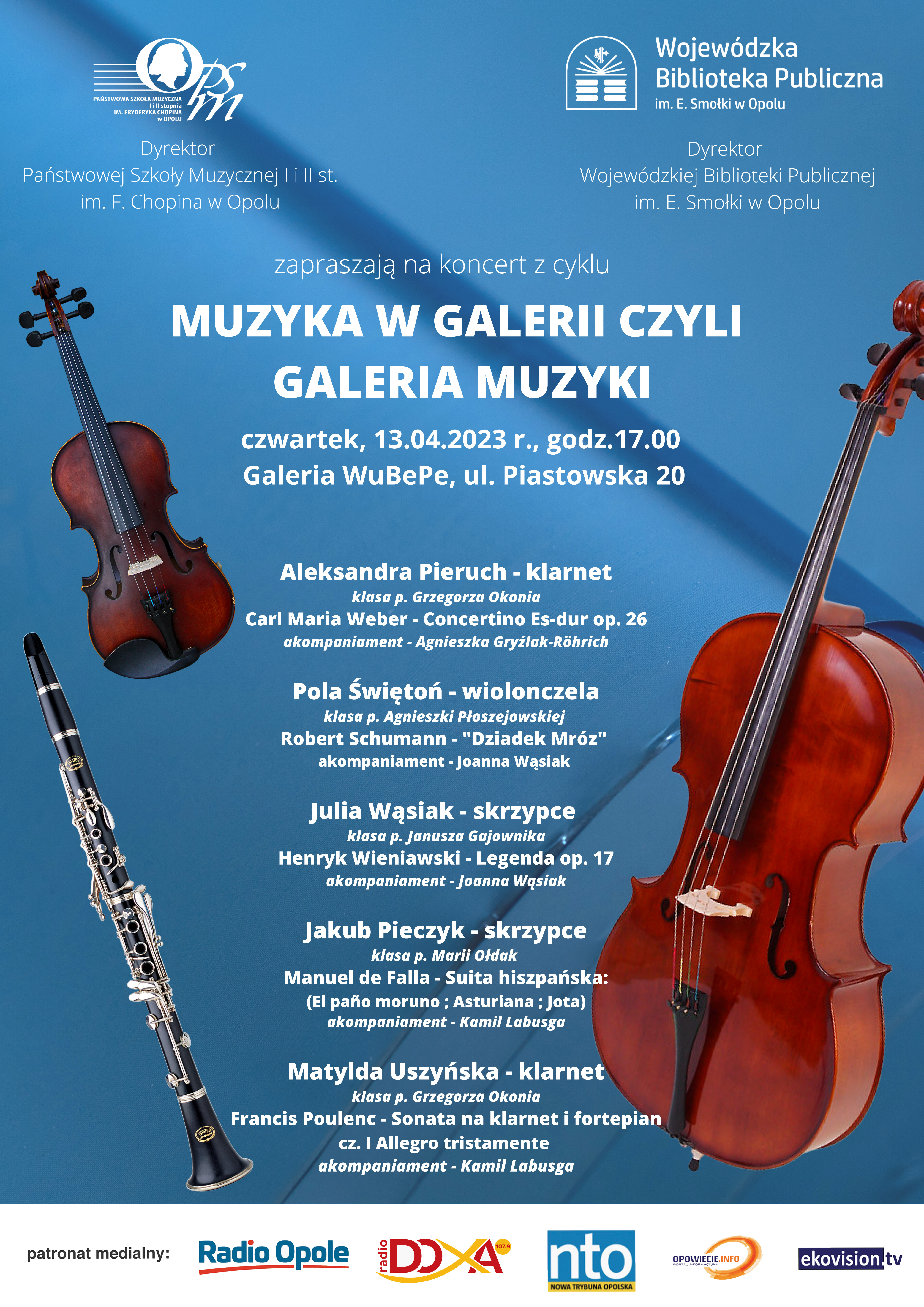 Plakat kwietniowego koncertu Muzyka w Galerii czyli Galeria Muzyki