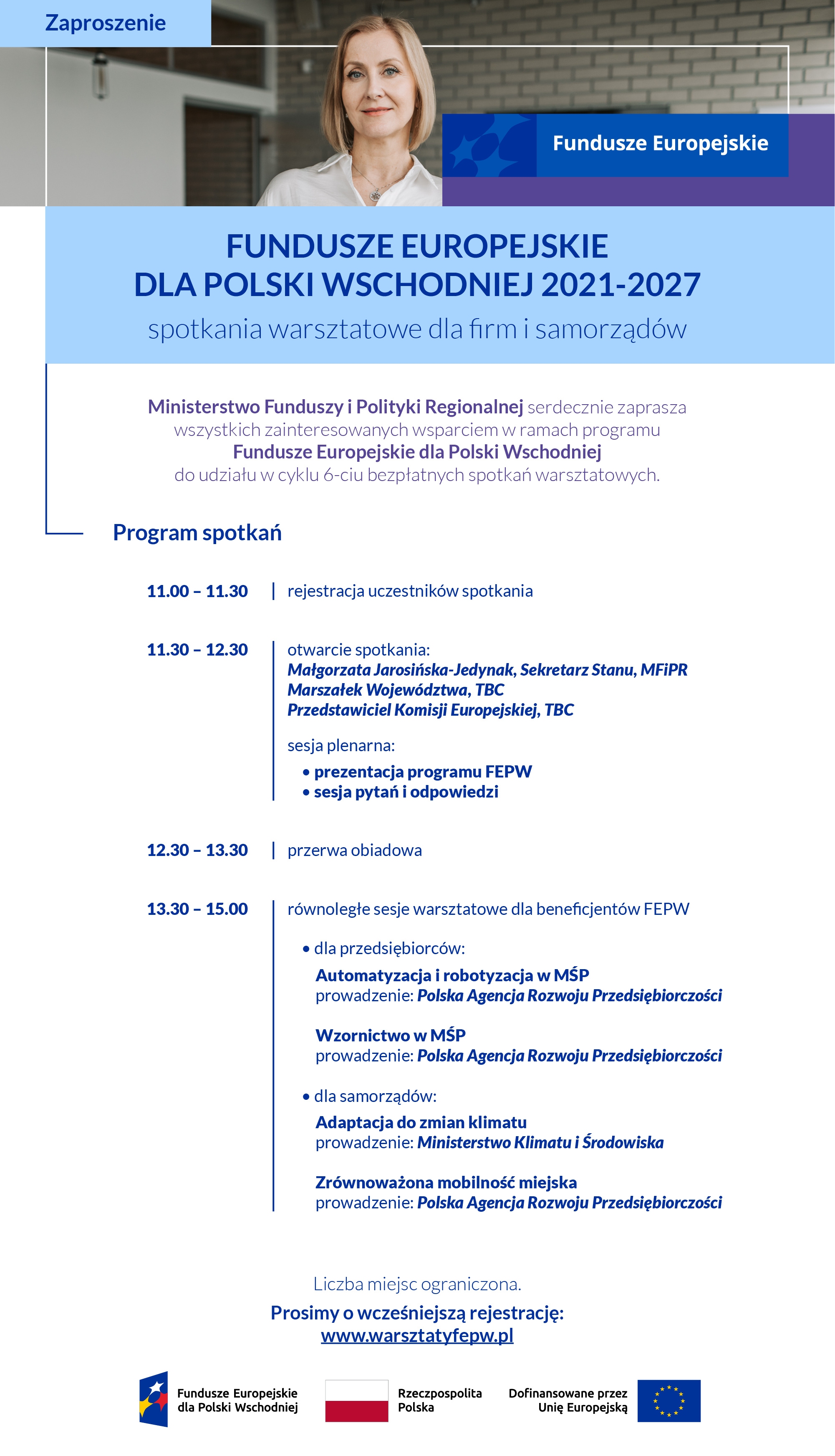 Infografika z programem spotkań "Fundusze Europejskie dla Polski Wschodniej spotkania warsztatowe dla firm i samorządów" - program w wersji dostępnej znajduje się na stronie: https://warsztatyfepw.pl/#program. Zdjęcie jest też linkiem do wyżej wymienionej strony.