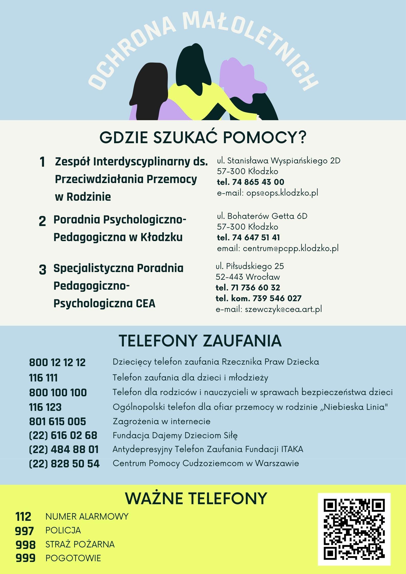 Plakat na kolorowym tle z informacją tekstową dotyczącą Standardy Ochrony Małoletnich wraz adresami i telefonami dot. pomocy dla małoletnich