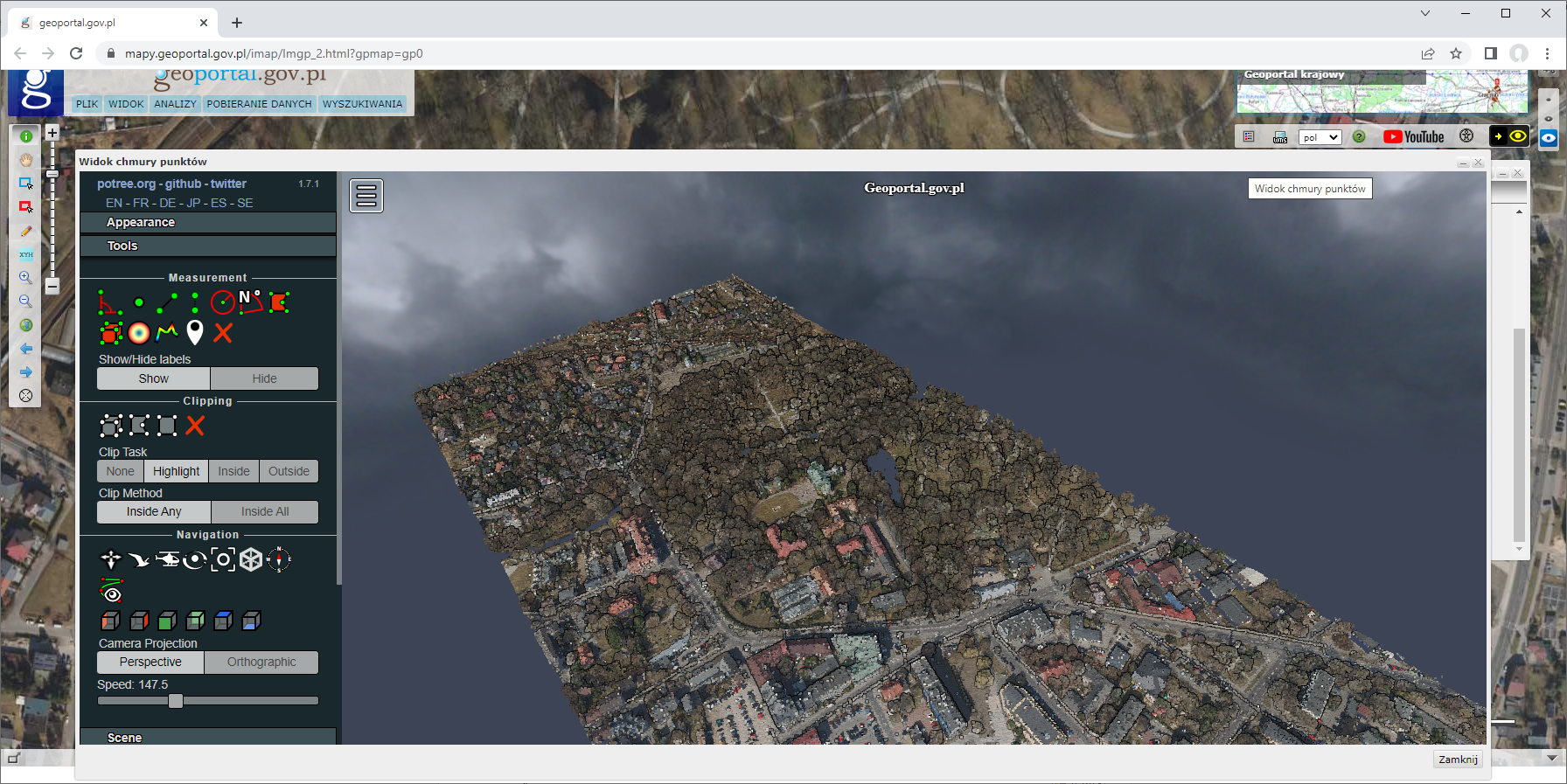 Ilustracja przedstawia zrzut ekranu z serwisu www.geoportal.gov.pl przedstawiający chmurę punktów ALS w Widoku chmury punktów