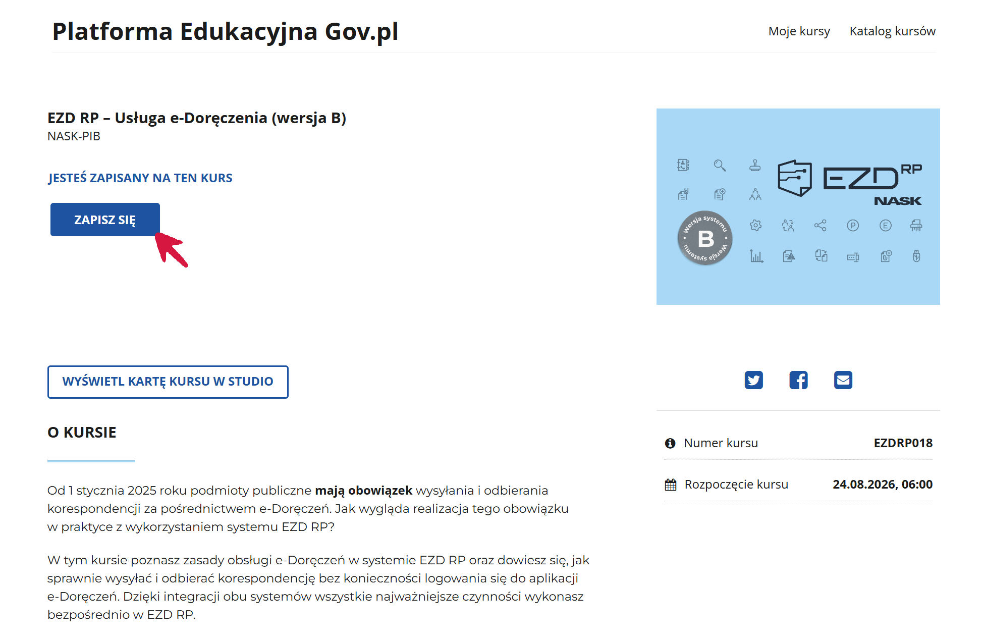 Strona główna kursu „EZD RP – Usługa e-Doręczeń (wersja B)”.