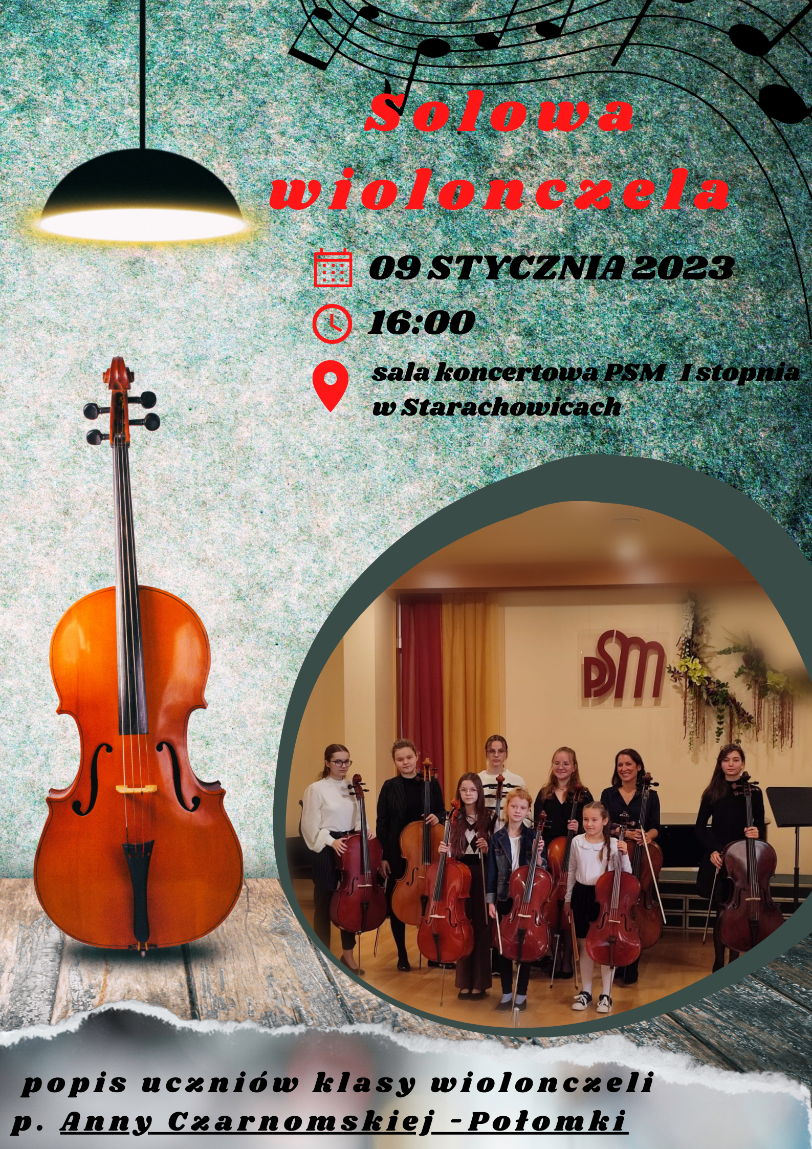 plakat graficzny - Solowa wiolonczela , 9 stycznia 2023 godz. 16.00 , sala koncertowa, po lewej czarna lampa, tło turkusowe