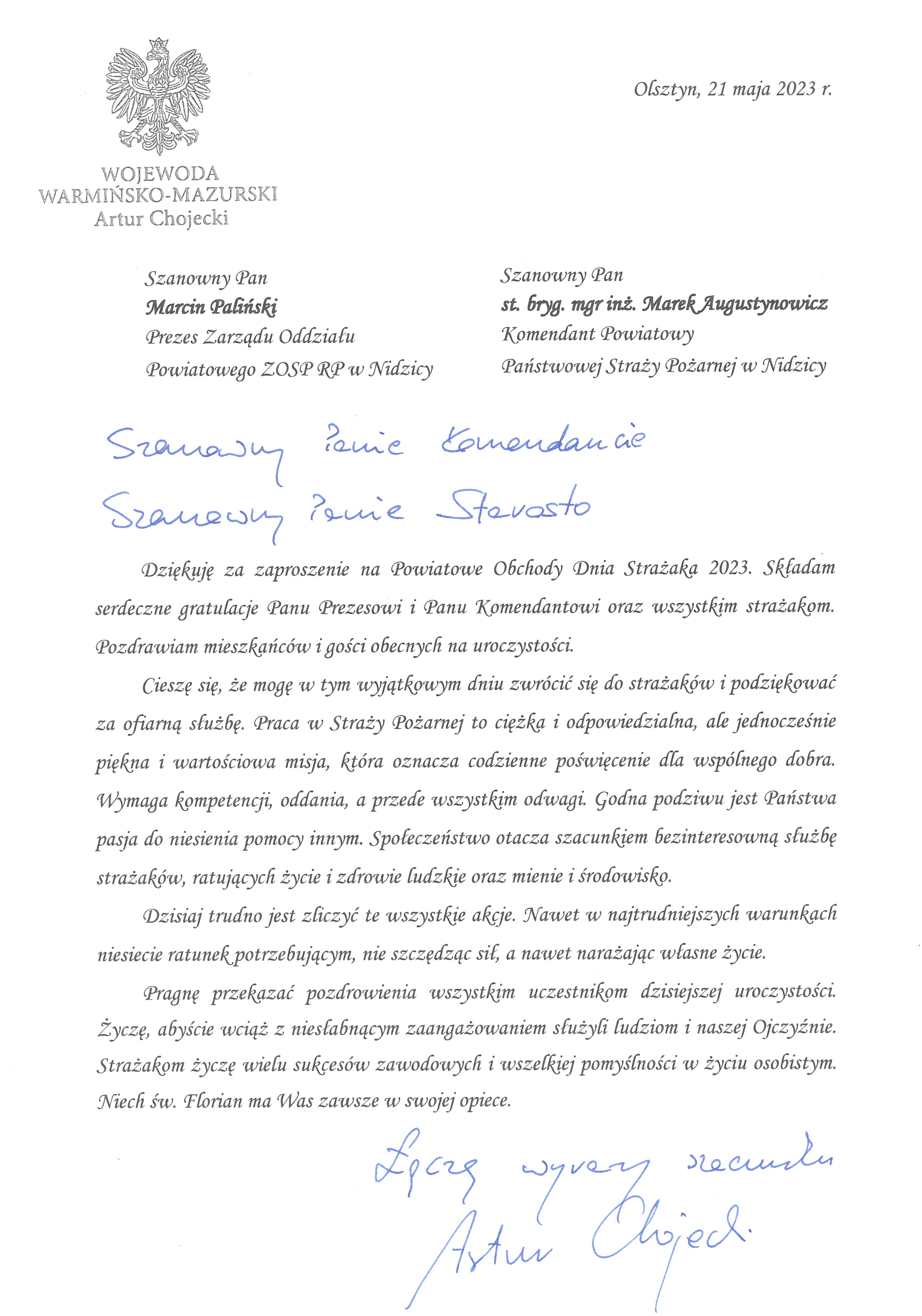 List Wojewody Warmińsko-Mazurskiego