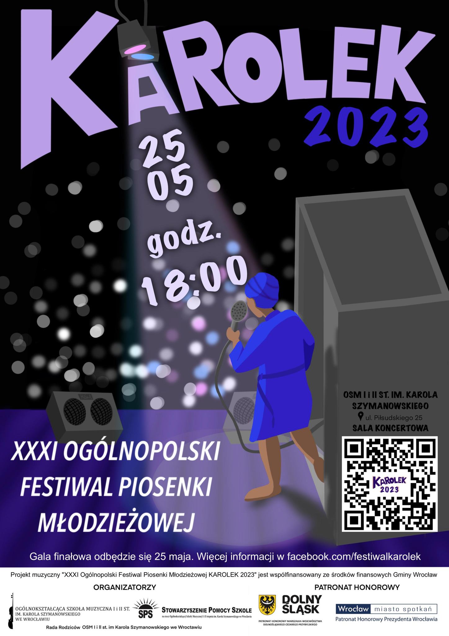 plakat w tonacji granatowo- fioletowej, zawiera elementy graficzne, mikrofon, nuty, logo szkoły i napis "XXXI Ogólnopolski Festiwal Piosenki młodzieżowej"