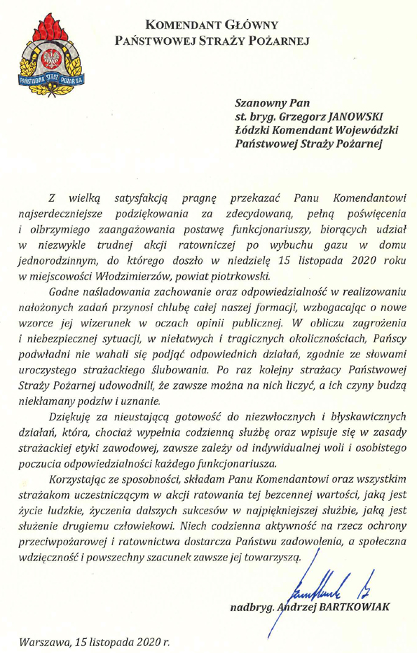 Podziękowania komendanta głównego PSP nadbryg. Andrzeja Bartkowiaka na ręce st. bryg. Grzegorza Janowskiego Łódzkiego Komendanta Wojewódzkiego PSP