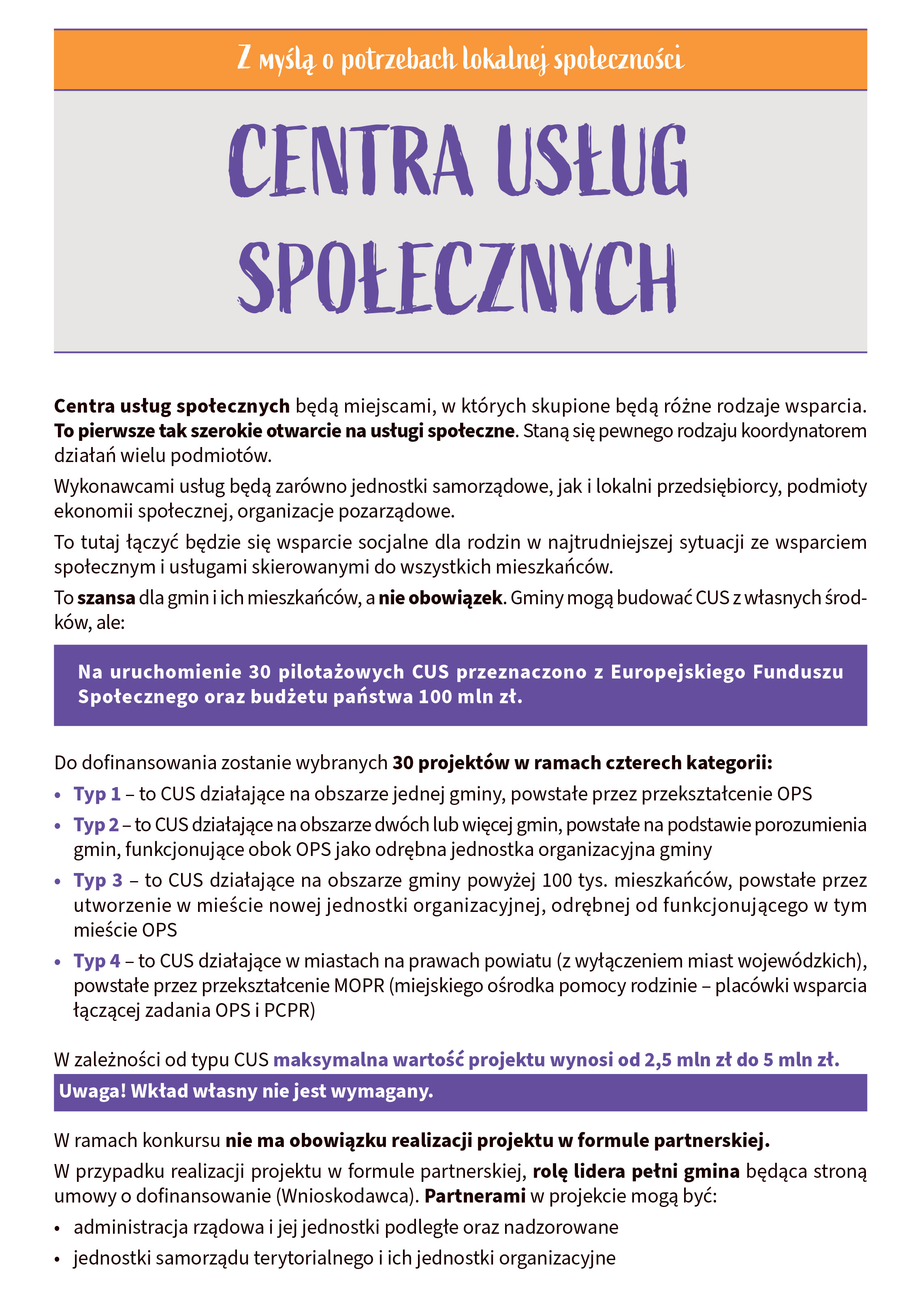 Jedna strona z informatora o Centrach Usług Społecznych