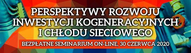 Na pstrokatym tle biały napis Perspektywy rozwoju inwestycji kogeneracyjnych i chłodu sieciowego, poniżej na pomarańczowym tle napis Bezpłatne seminarium on-line, 30 czerwca 2020