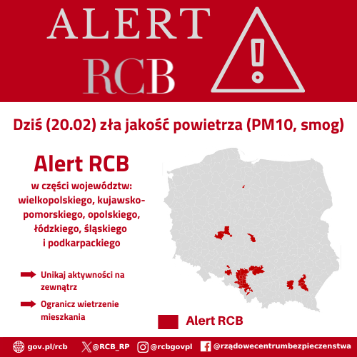 Alert RCB 20 lutego - smog. Aktualizacja. Kolorem czerwonym zaznaczony jest obszar alarmowania.