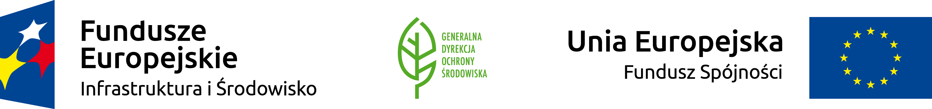 3 logotypy - od lewej niebieski trapez z żółtą białą i czerwoną gwiazdą, obok napis Fundusze Europejskie Infrastruktura i Środowisko, po środku logo zielony liść i napis Generalna Dyrekcja Ochrony Środowiska, z prawej - flaga Unii Europejskiej z napisem Unia Europejska Fundusz Spójności