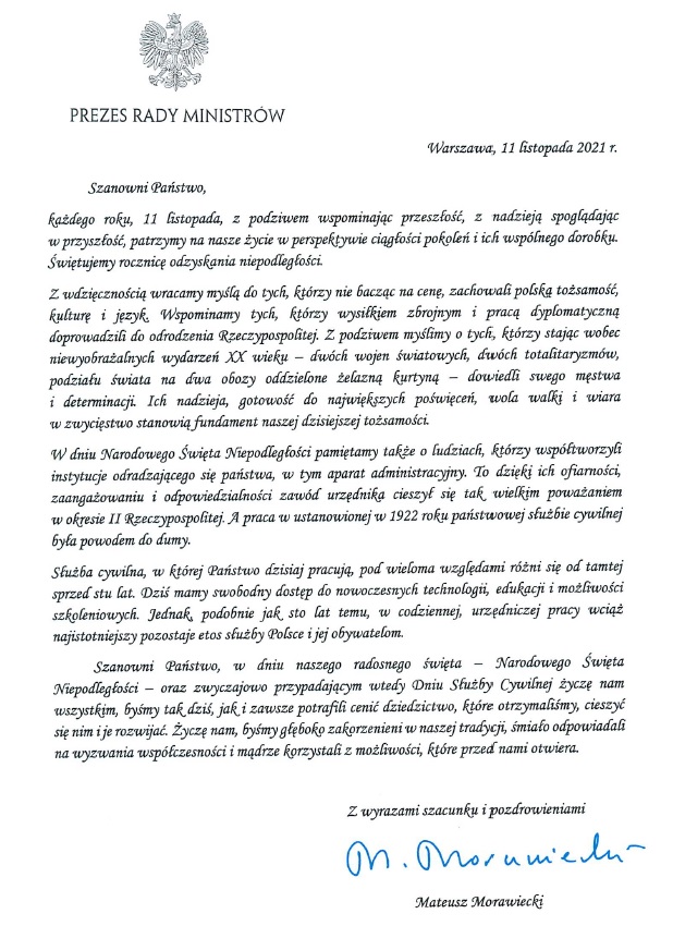 List Prezesa Rady Ministrów z okazji Narodowego Święta Niepodległości