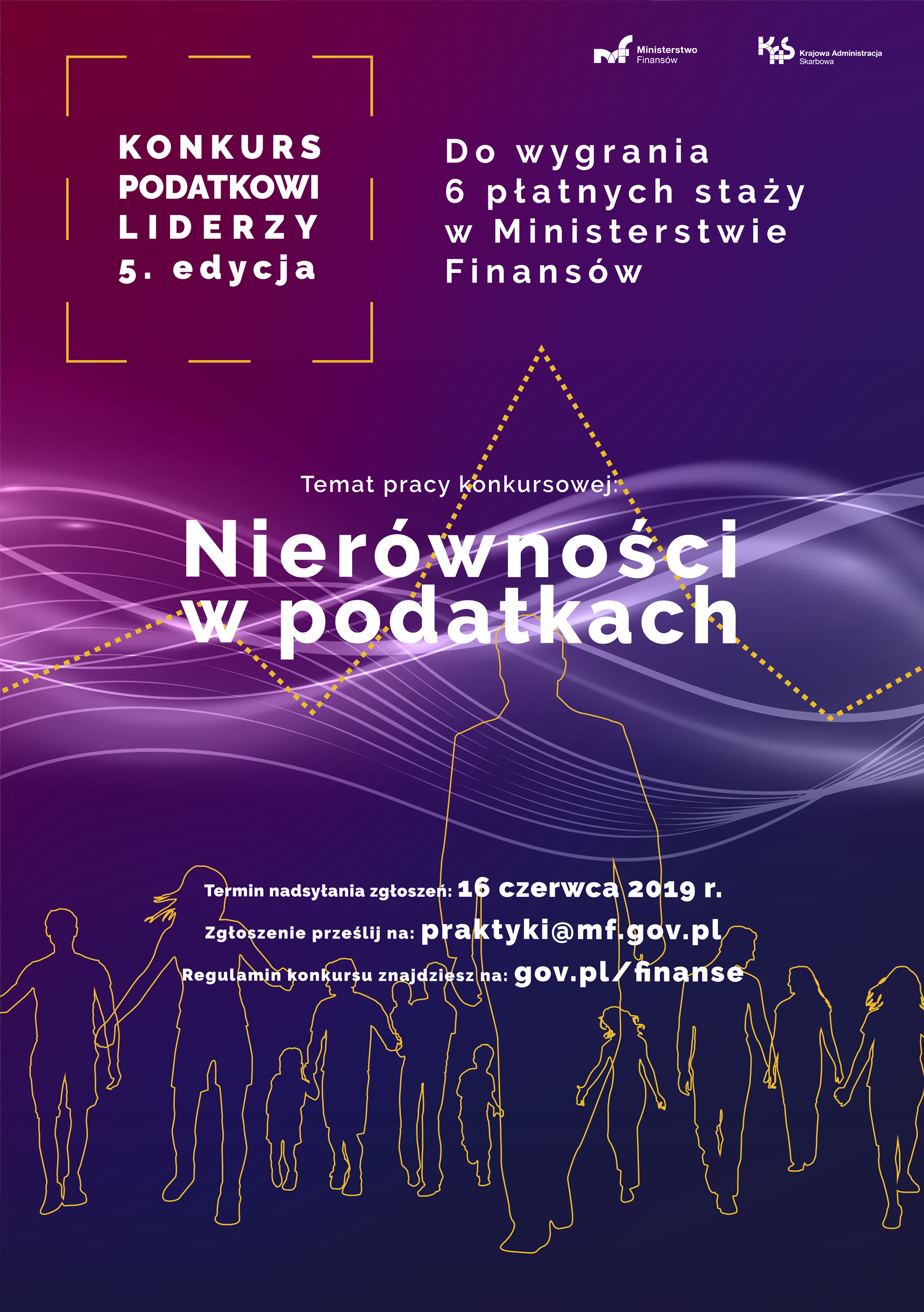 Plakat z podstawowymi informacjami o konkursie, grafika: na dole zarysy postaci ludzkich