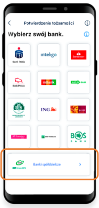Ekran telefonu ze stroną profilu zaufanego. Na ekranie wybór banku w ramach profilu zaufanego założonego przez bankowość elektroniczną. Pod ikonami symbolizującymi poszczególne banki znajduje się wyróżniona, szeroka ikona: Banki spółdzielcze.