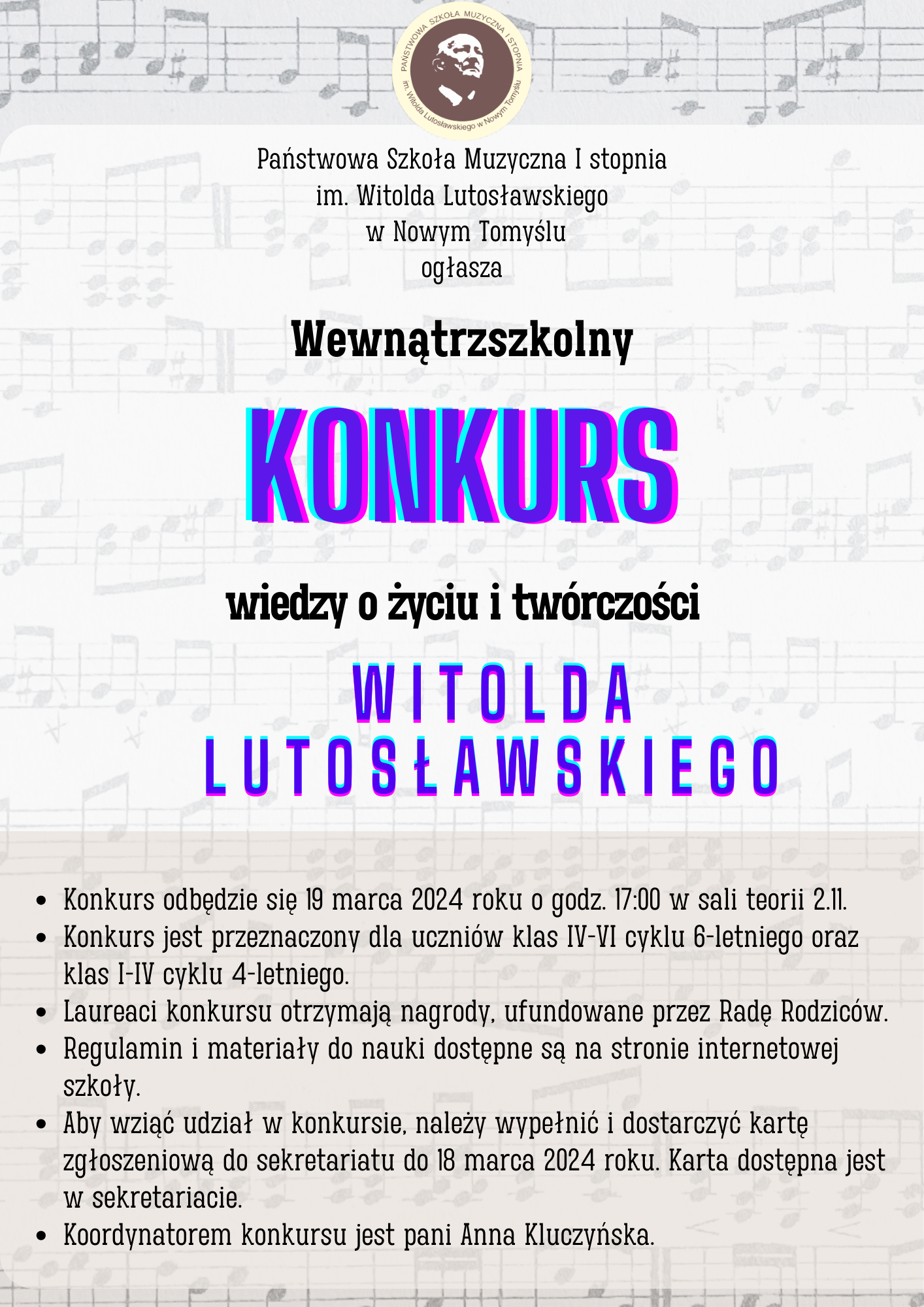 Plakat - Konkurs wiedzy o życiu i twórczości Witolda Lutosławskiego