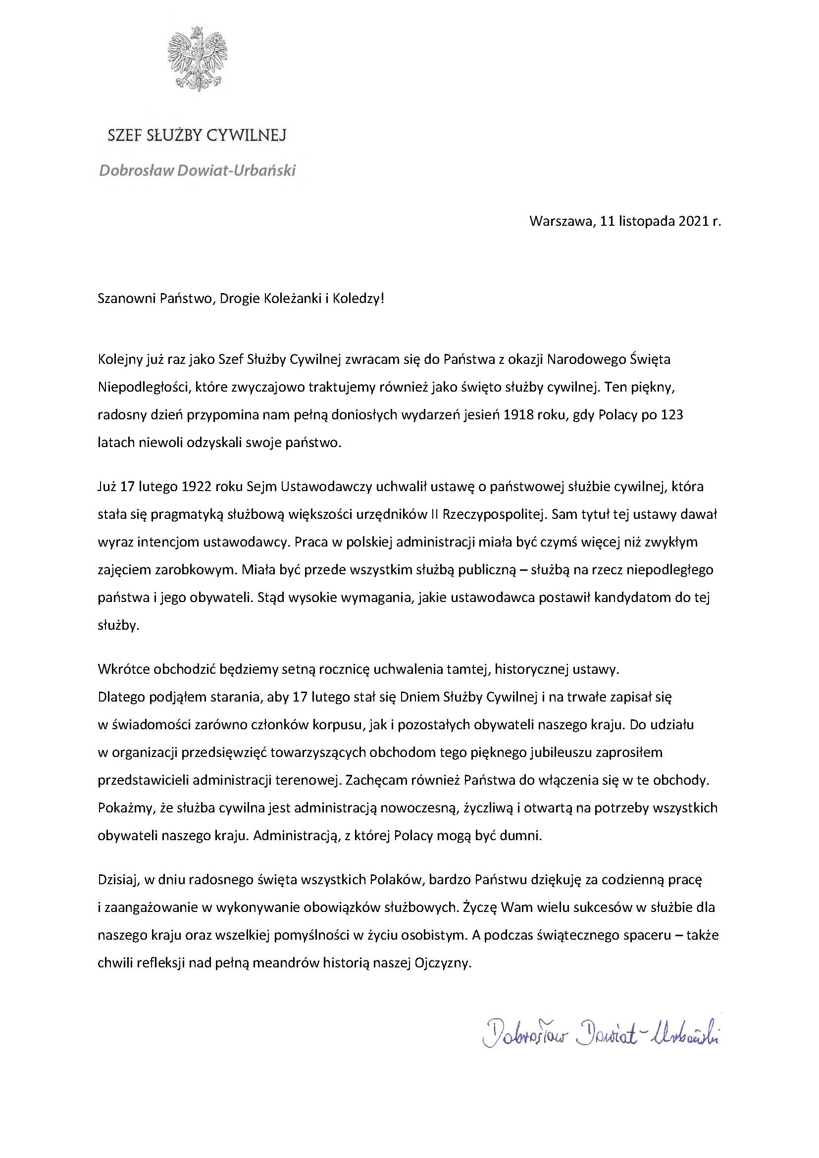 List Szefa Słuzby Cywilnej