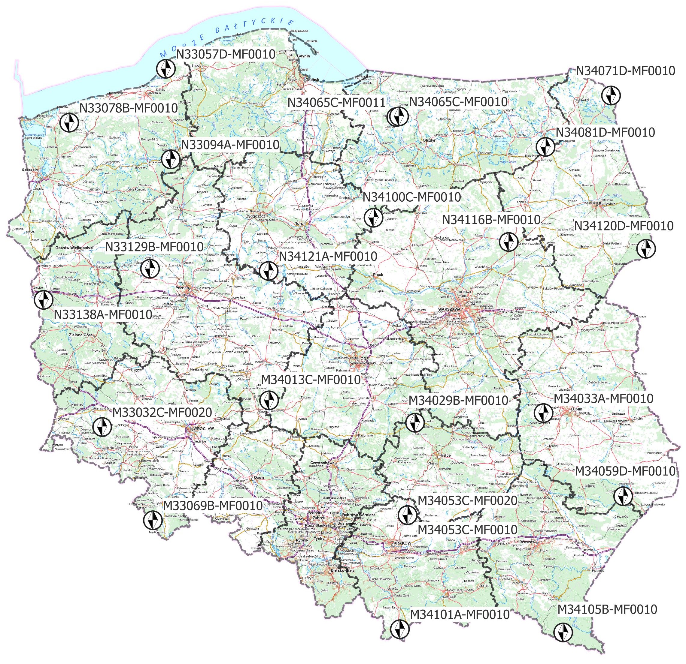 Ilustracja przedstawia rozmieszczenie zaktualizowanych punktów osnowy magnetycznej.