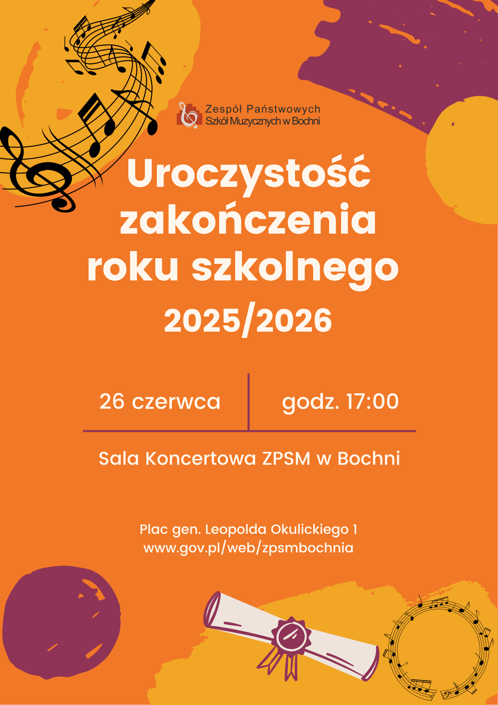 Uroczystość zakończenia roku szkolnego 2025/2026, 26.06.2026 r.