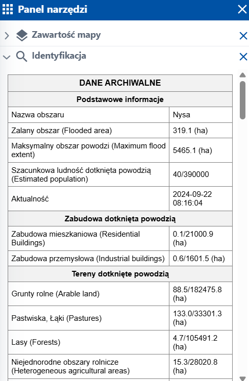 zrzut ekranu z serwisu www.geoportal.gov.pl przedstawiający archiwalne dane dotyczące powodzi z 2024 r.