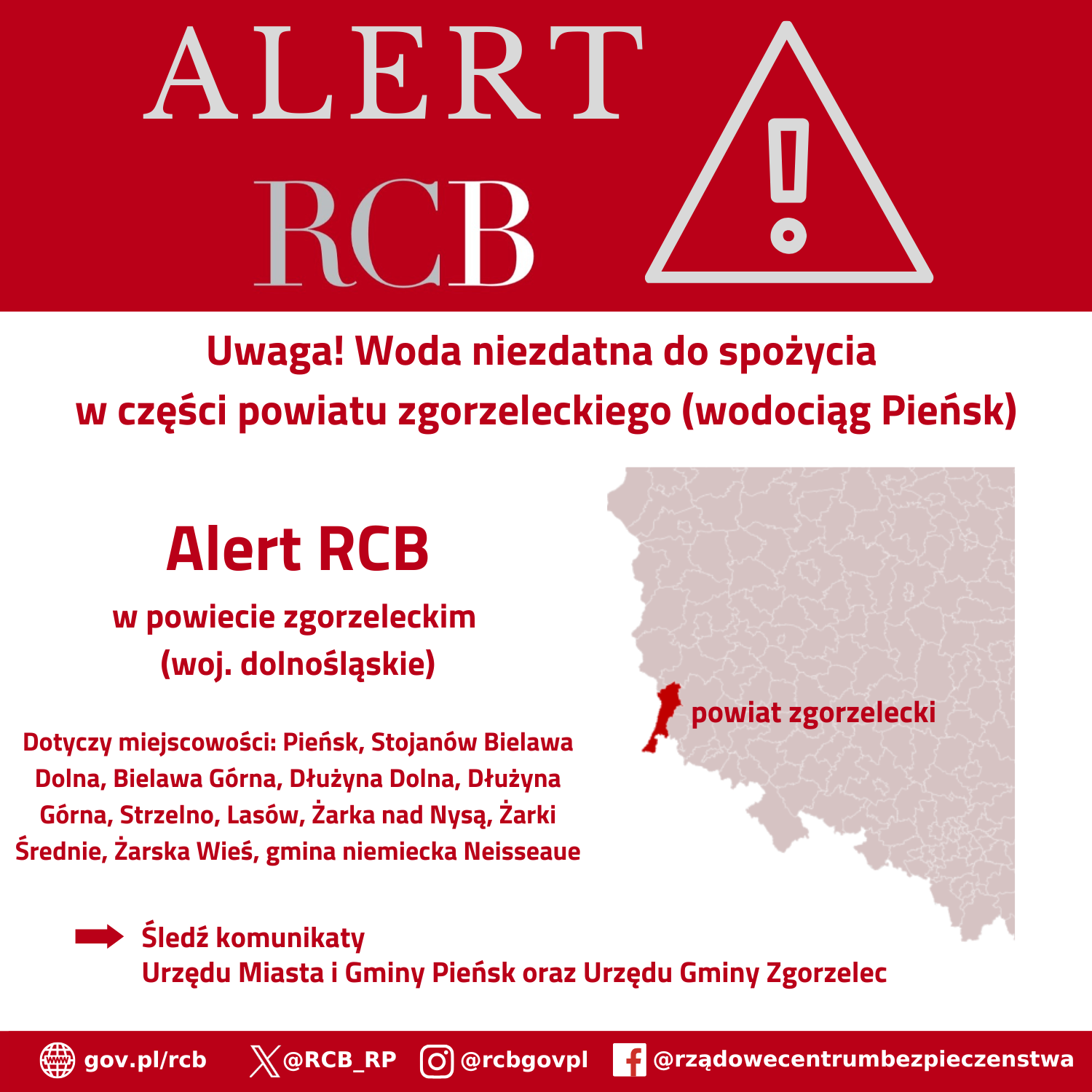 Grafika - alert RCB - woda niezdatna do spożycia w powiecie zgorzeleckim