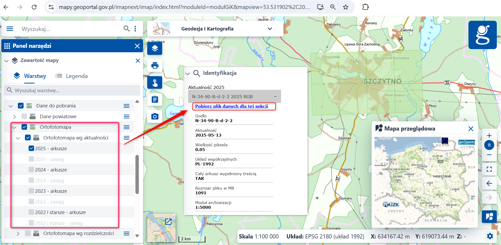 Ilustracja przedstawia zrzut ekranu w jaki sposób pobrać arkusze ortofotomapy z geoportal.gov.pl. 