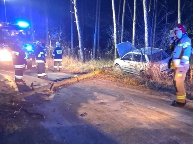 Wypadek samochodu osobowego. Samochód stoi na poboczu z podniesioną maską, wokół działają strażacy.