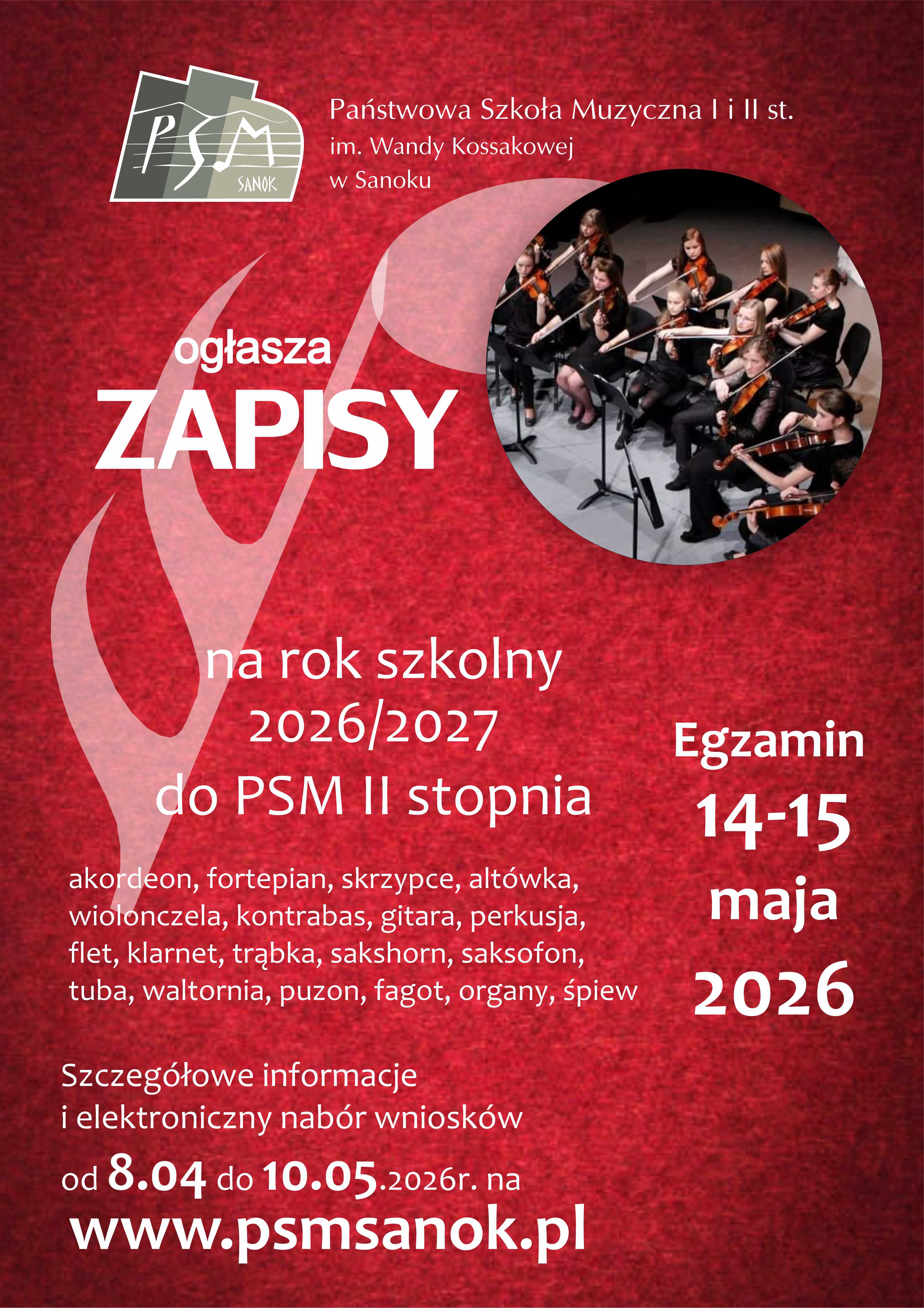 Plakat zapisy do II st. 2026-2027. Białe litery na czerwonym tle, logo szkoły