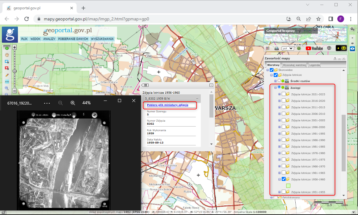Ilustracja przedstawia zrzut ekranu z serwisu www.geoportal.gov.pl prezentujący skorowidz zasięgów zdjęć lotniczych