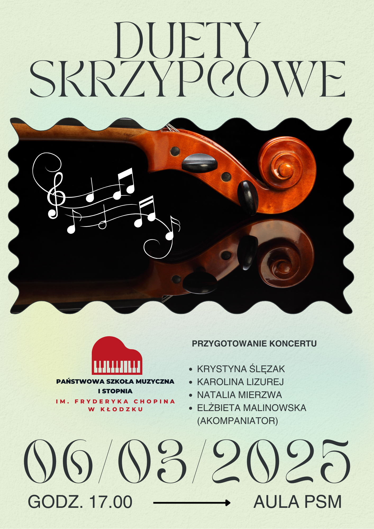Plakat reklamujący koncert duetów skrzypcowych, który odbędzie się 06.03.2025 o godzinie 17:00 w auli PSM. Na plakacie widnieje grafika przedstawiająca skrzypce i nuty.