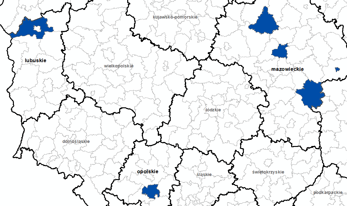 Ilustracja przedstawia obszary powiatów objętych aktualizacją zbiorów danych BDOT10k.