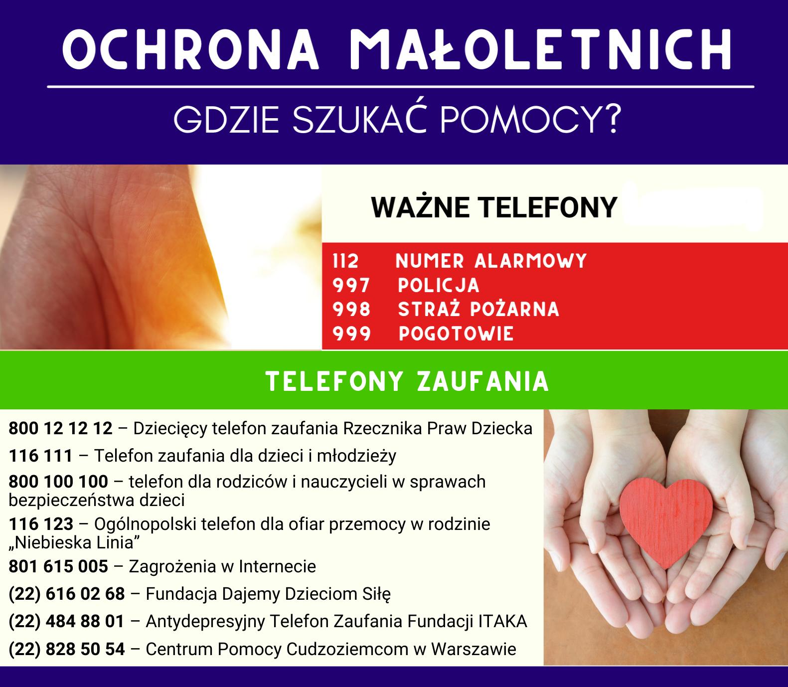 Plakat ochrona małoletnich gdzie szukać pomocy ważne telefony 112 numer alarmowy, 997 policja, 998 straż pożarna, 999 pogotowie