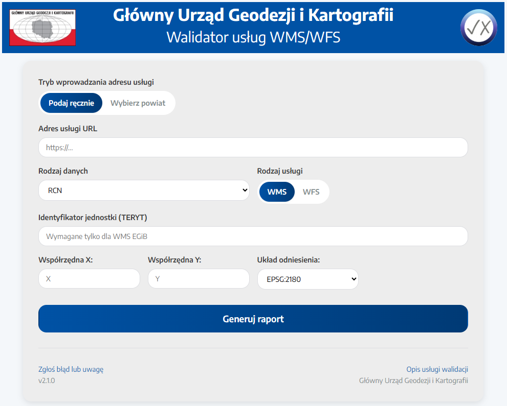 Zrzut ekranu z walidatora usług WMS/WFS dla RCN