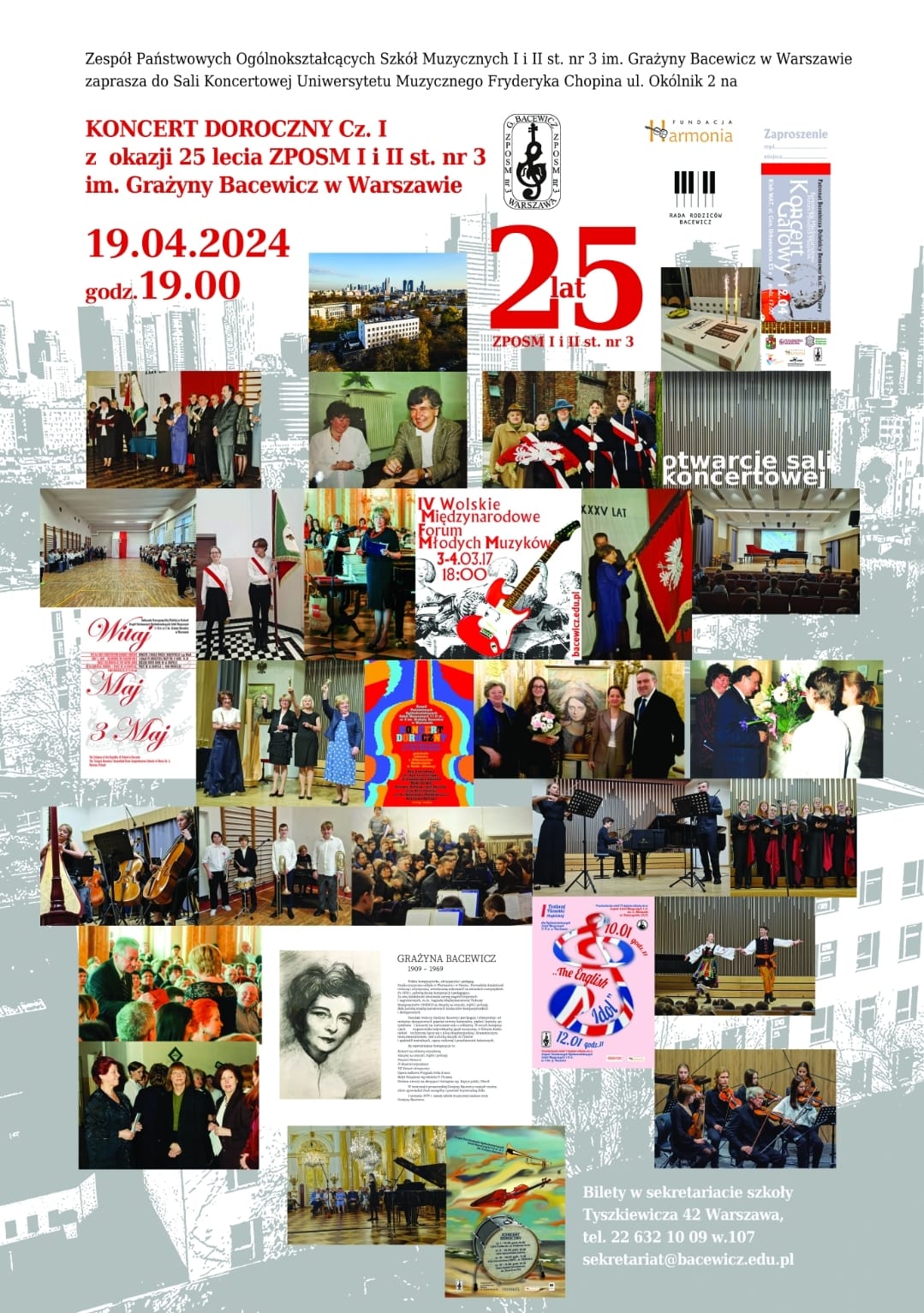 Kolorowy plakat okazjonalny : Doroczny Koncert Jubileuszowy z okazji 25-lecia ZPOSM I i II st. Nr 3 im. Grażyny Bacewicz w Warszawie