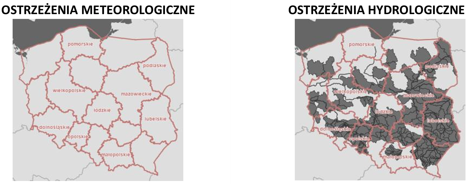 Ostrzeżenia meteorologiczne i hydrologiczne z podziałem na województwa - 25 lipca 2026. Kolor czerwony dla ostrzeżeń 3 stopnia, pomarańczowy dla 2 stopnia, żółty dla 1 stopnia, szary dla suszy, biały brak ostrzeżeń. 