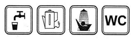 Ikony przedstawiające kolejno: dostęp do wody pitnej, czajnik elektryczny, prysznic oraz toaletę WC